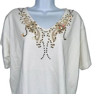 Vintage 90s Cactus Womens L Top White Beaded Short Sleeve Casual Shoulder Pads